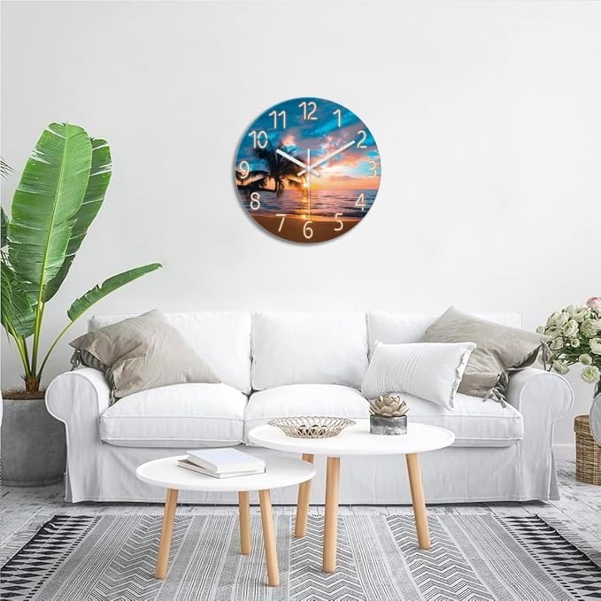 XFM Beach Wall Clock 14 Inch Palm Tree Analog Wall Clocks Battery Operated for Living Room Kitchen Decor Sunset Coastal Glass Silent Wall Clock