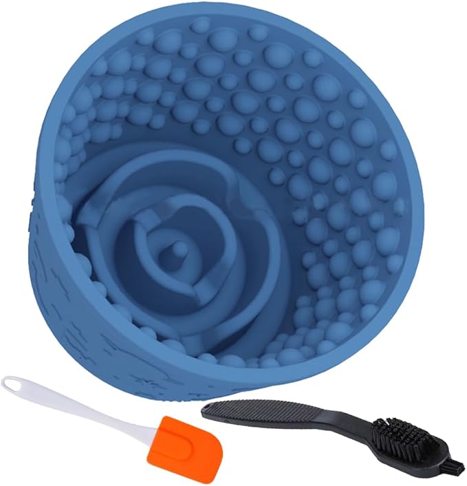 Dog Lick Bowl with Brush and Scraper, Anxiety Relief Silicone Slow Feeder Treat Dispenser, Anti-chocking Pet Dish, Non-Slip Interactive Entertainment Dog Puzzle Toy for Medium & Large-Dark Blue