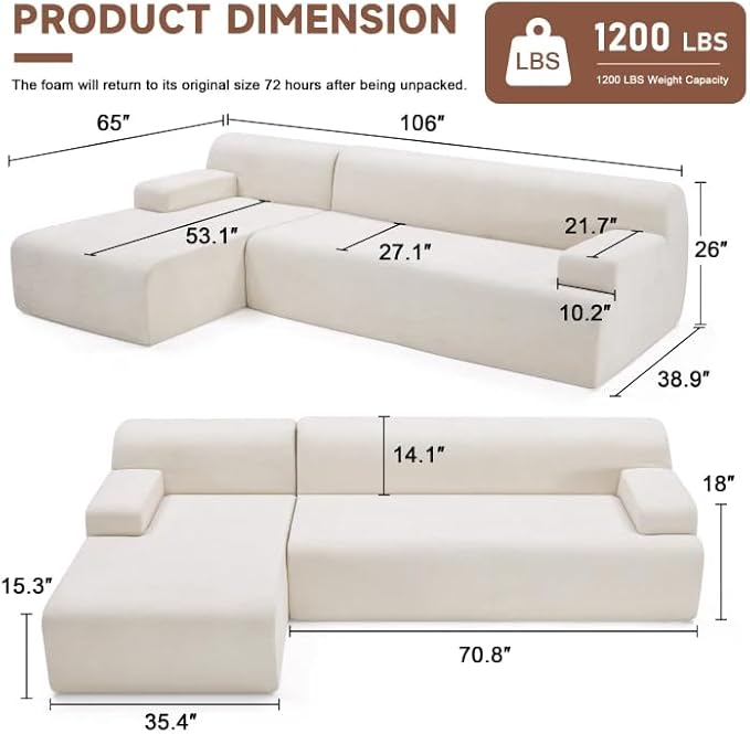 106" Modular Sectional Sofa, Boneless Couch Sponge Sectional Sofa for Living Room, High Density Sponges Cloud Couch,Modular L-Shape with Chaise, Beige