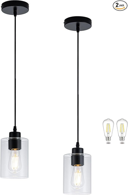 MAYNA 2 Pack Black Pendant Lights Kitchen Island, Mini Pendant Light Fixture with Clear Glass Shade, Adjustable Cord Industrial Farmhouse Hanging Ceiling Lamp for Dining Room, Sink, Bar(Bulb Included)