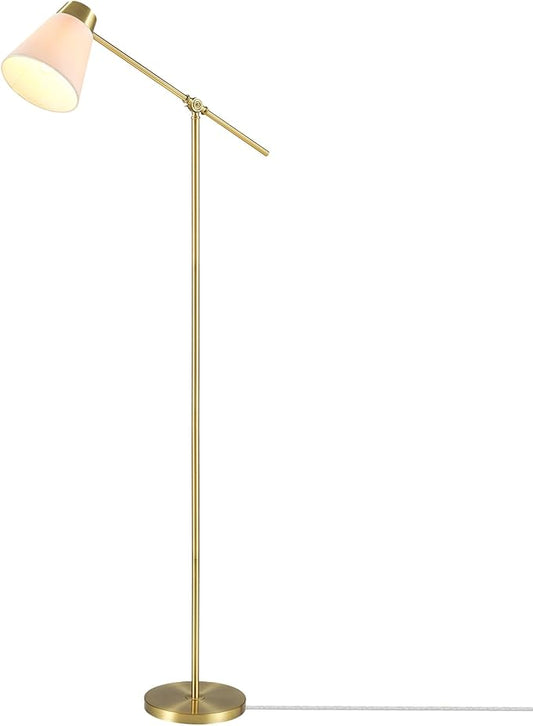 69" Floor Lamp, Swing Arm, Matte Brass Plated, White Tapered Fabric Shade, On/Off Rotary Switch on Socket, 5-Foot Clear Cord, 1-Light, 40W E26/Medium Base Bulb