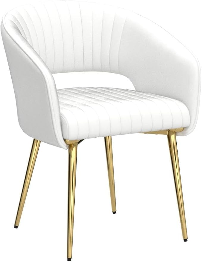 Modern Velvet Dining Chairs Set of 6, Upholstered Gold Dining Room Chairs with Hollow Back, Accent Armrest Kitchen Chairs with Gold Legs for Living Room Reception Beige