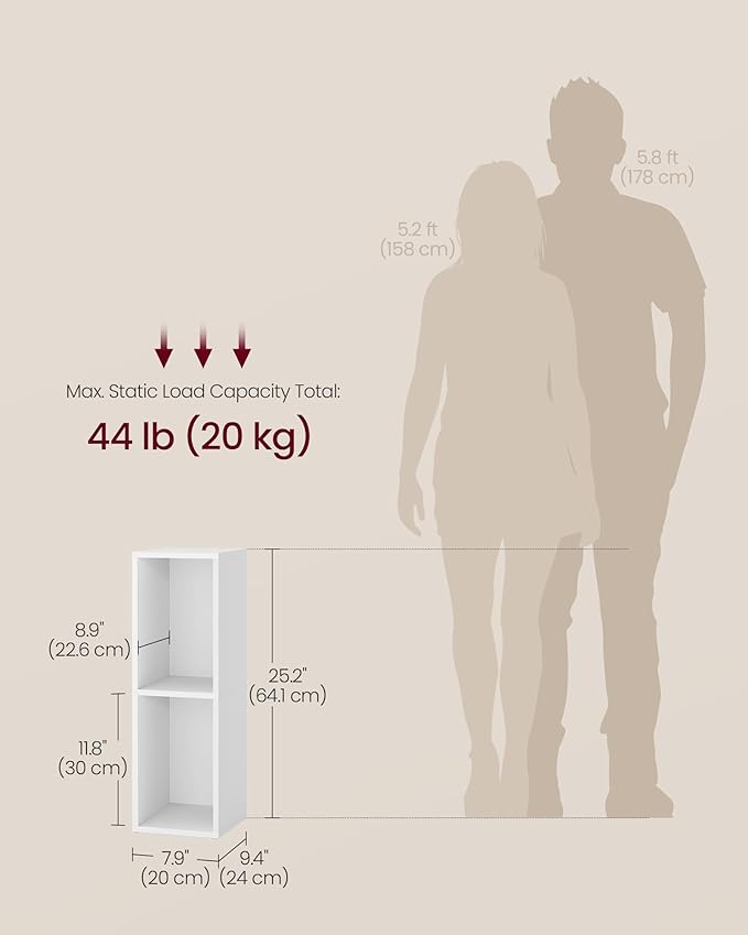 VASAGLE Custos Collection - Bookshelf, 2-Tier Bookcase, Book Shelf, Open Storage Shelf, 9.4 x 7.9 x 25.2 Inches, for Living Room, Home Office, Dining Room, Cloud White ULBC522W01