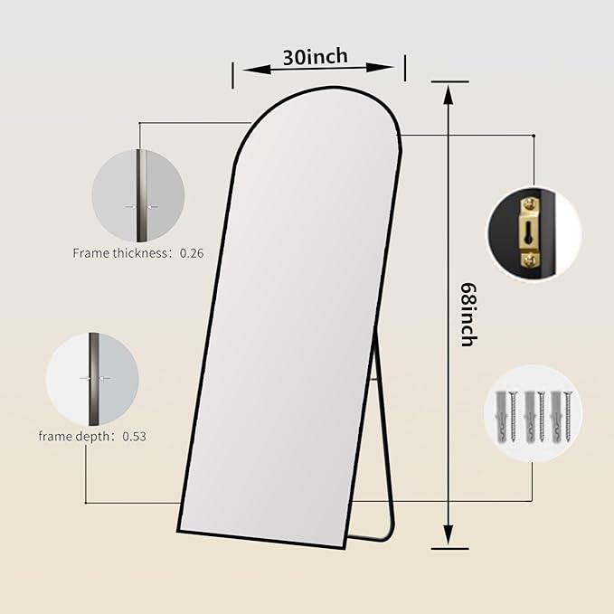 Arched Full Length Mirror,67" L x 30" W Floor Mirror, Aluminum Alloy Frame, Shatterproof Glass - Free Standing, Leaning or Wall Mounted for Bedroom, Living Room, Entryway, Modern Home (Black)