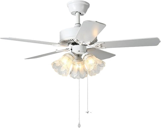 42 Inch Indoor Ceiling Fan with Pull-Chain and Three LED Light Bulbs Base, Traditional 3-Speeds Reversible Blades Ceiling Fan (White)
