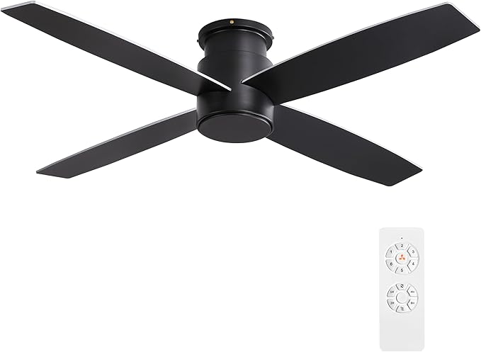 WINGBO 52" Flush Mount DC Ceiling Fan without Lights, 4 Reversible Blades, Ultra Quiet 6-Speed DC Motor, Hugger Low Profile Indoor Ceiling Fan No Lights, Matte Black Finish