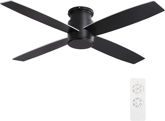 WINGBO 52" Flush Mount DC Ceiling Fan without Lights, 4 Reversible Blades, Ultra Quiet 6-Speed DC Motor, Hugger Low Profile Indoor Ceiling Fan No Lights, Matte Black Finish