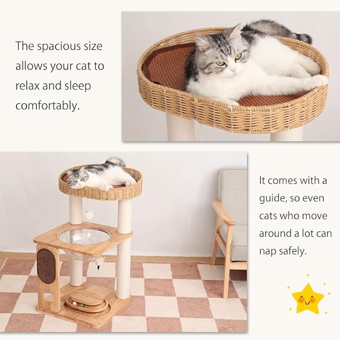 Wood Cat Tree for Large Cats, Modern Cat Tree Tower with Wide Shelves Cotton Scratching Posts, Super Sturdy Base, Cozy Perches, and Interactive Toys for Indoor Kittens 31-Inch