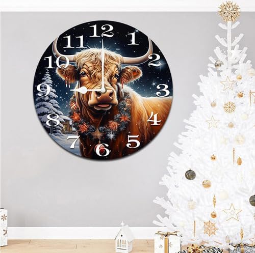 Cow with Christmas Wall Clock Large Silent Non-Ticking Battery Operated Modern Clocks for Living Room Decor/Bedroom/Office (12x12 in)