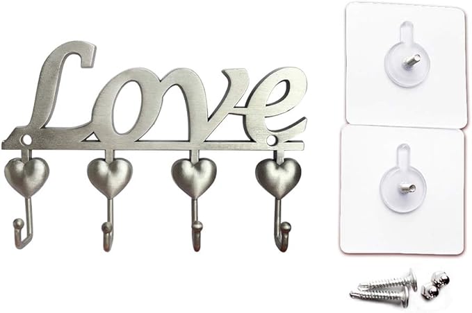 Myartte Key Holder- Key Hooks Decorative for Wall Decorative Zinc Alloy Key Organizer Rack with 4 Hooks -with Screws and Sticker (Antique Sliver Love)