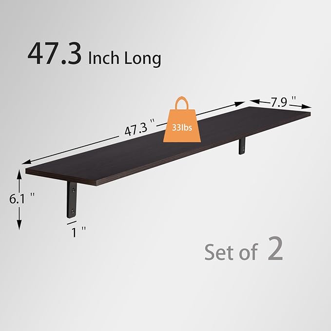 DINZI LVJ Long Wall Shelves, 47.3Inch Wall Mounted Shelves Set of 2, Extra Large Floating Storage Ledges with Sturdy Metal Brackets for Living Room, Bathroom, Bedroom, Kitchen, Espresso