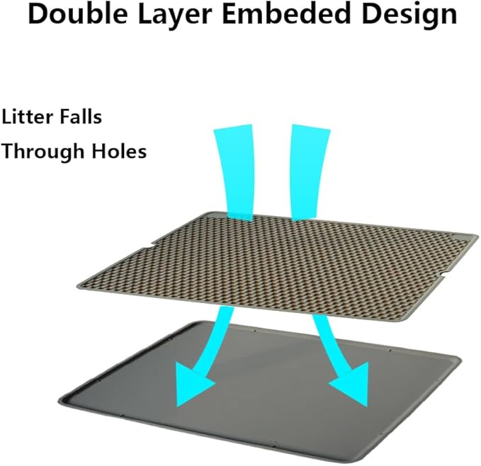 Cat Litter Mat Double Layer, Kitty Litter Box Mat Small Waterproof Urine Proof Trapping, Easy Clean, Silicone Cat Supplies & Accessories for Indoor Pets (Grey, 19.68x14.96x0.39 in)