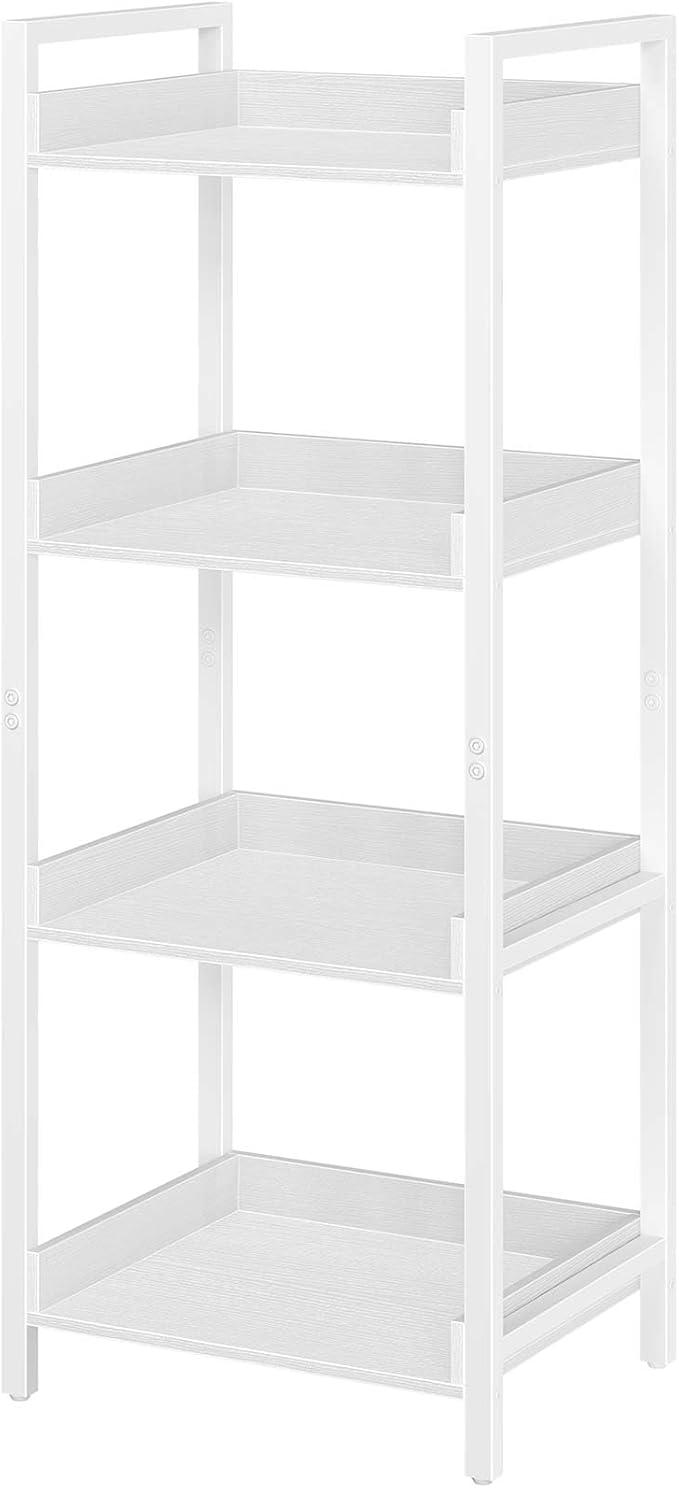 Rolanstar Bookshelf, 4-Tier Storage Rack, Narrow Corner Bookshelf, Display Wooden Shelves for Living Room, Bathroom, Balcony, Kitchen,White