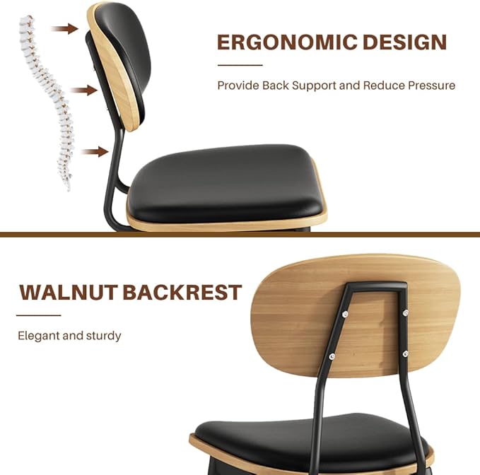 Dining Chairs Set of 4, Modern Faux Leather Upholstered Kitchen Chairs with Walnut Bentwood Back and Enlarged Seat Cushion, Metal Legs for Kitchen Dining Living Room, Restaurant