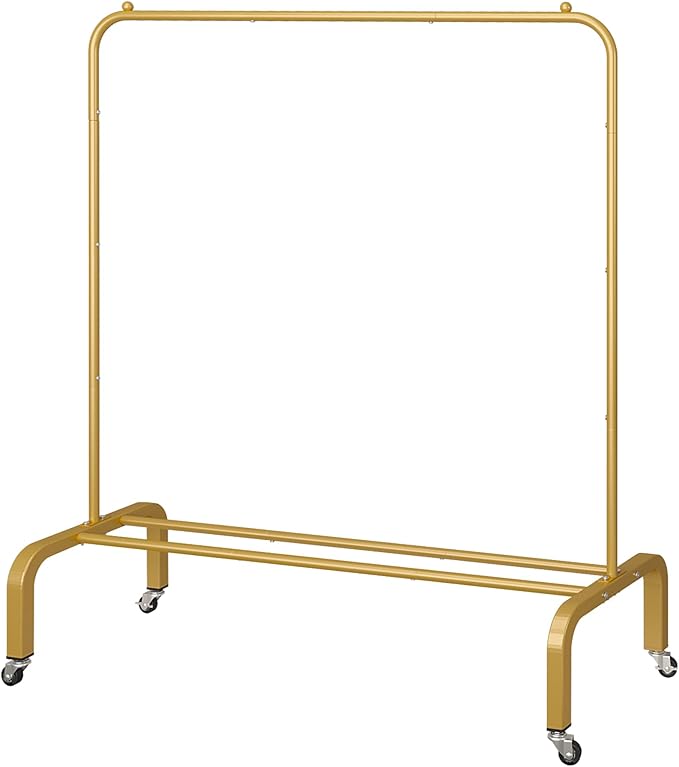 JIUYOTREE Metal Clothing Rack with Wheels 43.3 Inches Rolling Clothes Garment Coat Rack with Bottom Shelf Clothing Rack for Hanging Clothes Coats Skirts Shirts Sweaters Gold