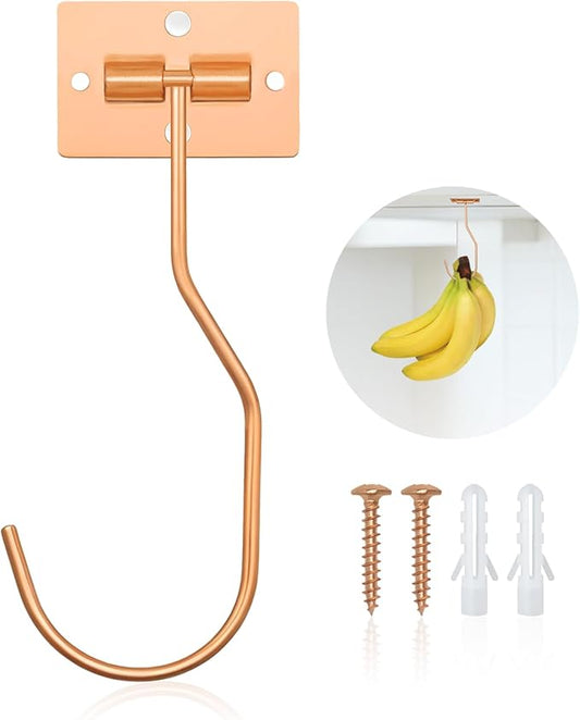 Banana Hanger Hook – Space Saving Banana Holder Hanger to Keep Bananas Fresh, Self Adhesive and Screw Banana Hook 1Pack Rose Gold