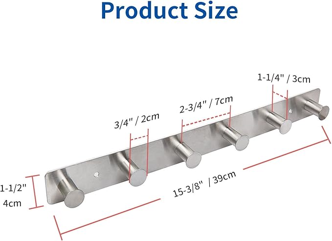 Coat Rack Wall Mounted Adhesive & Screw in, Stainless Steel Metal Coat Hooks for Door, Hook Rail with 6 Round Hangers for Hanging Hat Towels Clothes, Silver