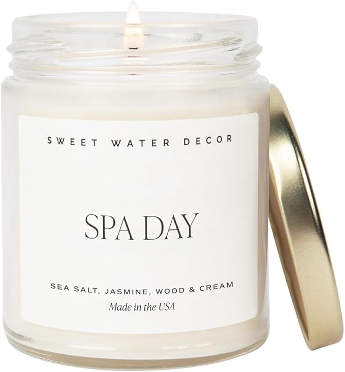 Sweet Water Decor Spa Day Soy Candle - Sea Salt, Jasmine, Wood and Cream Scented Spring Candles for Home - 9oz Clear Jar + Gold Lid, 40+ Hour Burn Time, Made in The USA