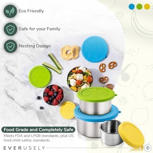 Everusely - Stainless Steel Food Containers - 3 Pack, Summer - Metal Lunch Box - Nesting Snack Containers for Office, Home Food Storage - Leakproof Silicone Lids - Dishwasher and Freezer Safe
