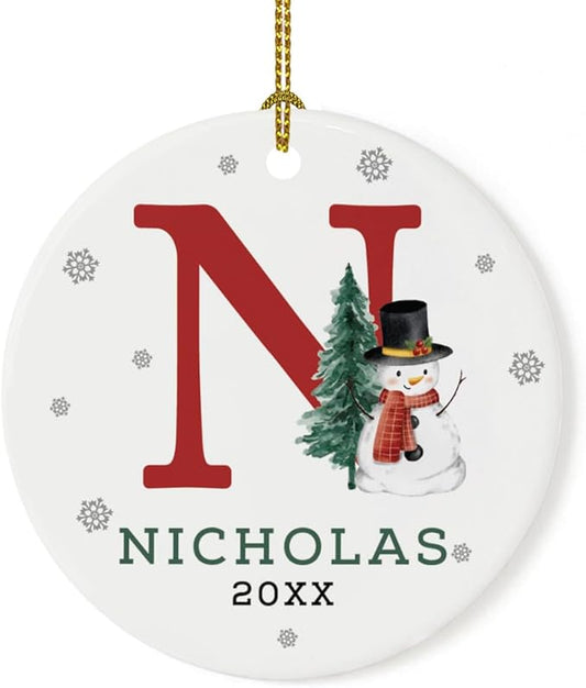 Andaz Press Personalized Ornament, Custom Name, Initial N Monogram Snowman 2.8" Ceramic Porcelain 2025 Christmas Ornament Keepsake for Kids, Boys, Girls, Includes Gold Ribbon & Gift Box, 1-Pack