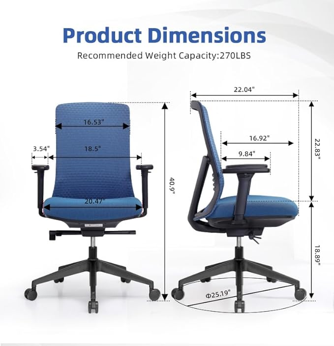 Executive Office Chair – Mesh Office Chair with V-Shaped Back, Adjustable 3D Arms & Sliding Soft Seat Cushion – Holds Up to 270lbs (Blue)