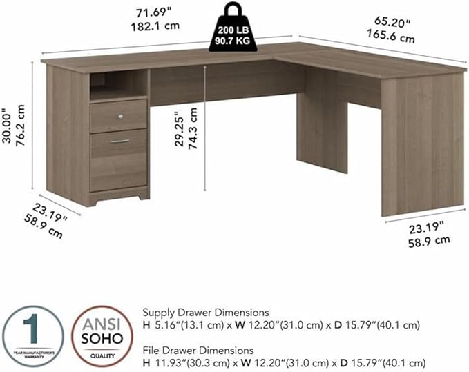 Bush Furniture L Shaped Desk with Drawers for Executive and Home Office | Cabot Collection Corner Table with Storage and Chrome Hardware | 72Wx23DX42W Return
