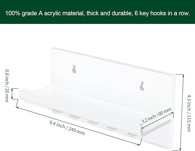 Decorative Acrylic Key Holder - Wall Mount Key Hooks with Shelf, Entryway Key Rack, Mail Organizer, Living Room Decor (White)