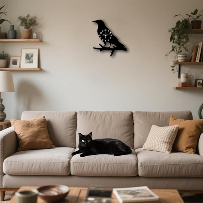 CHGCRAFT Crow Standing Branch Pattern Wall Clock 13.9 Inch Wood Grain Non-Ticking Irregular Shape Clocks Wall Hanging Clock Battery Operated for Bedroom Living Room Kitchen Office
