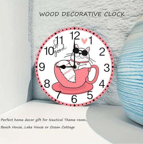 Wall Clock,Cat Sleeping in A Coffee Cup Kitchen Decor and Accessories, Decorative Battery Operated Clocks for Living Room Bedroom Bathroom Farmhouse 12 Inch
