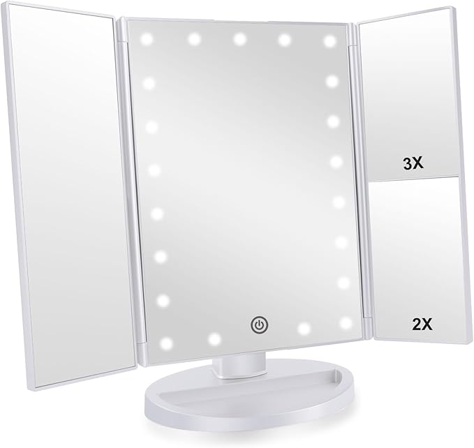 Trifold Makeup Mirror Vanity Mirror with Lights,1X 2X 3X Magnification,Touch Screen,180 Adjustable Rotation,Portable Travel Bathroom Cosmetic Mirror