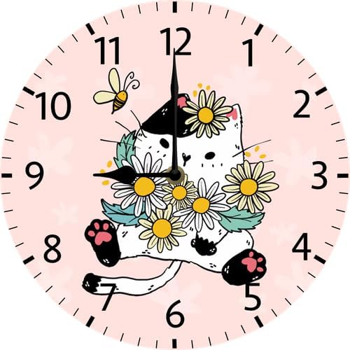Wall Clock,Cat with Flowers Kitchen Decor and Accessories, Decorative Battery Operated Clocks for Living Room Bedroom Bathroom Farmhouse 12 Inch