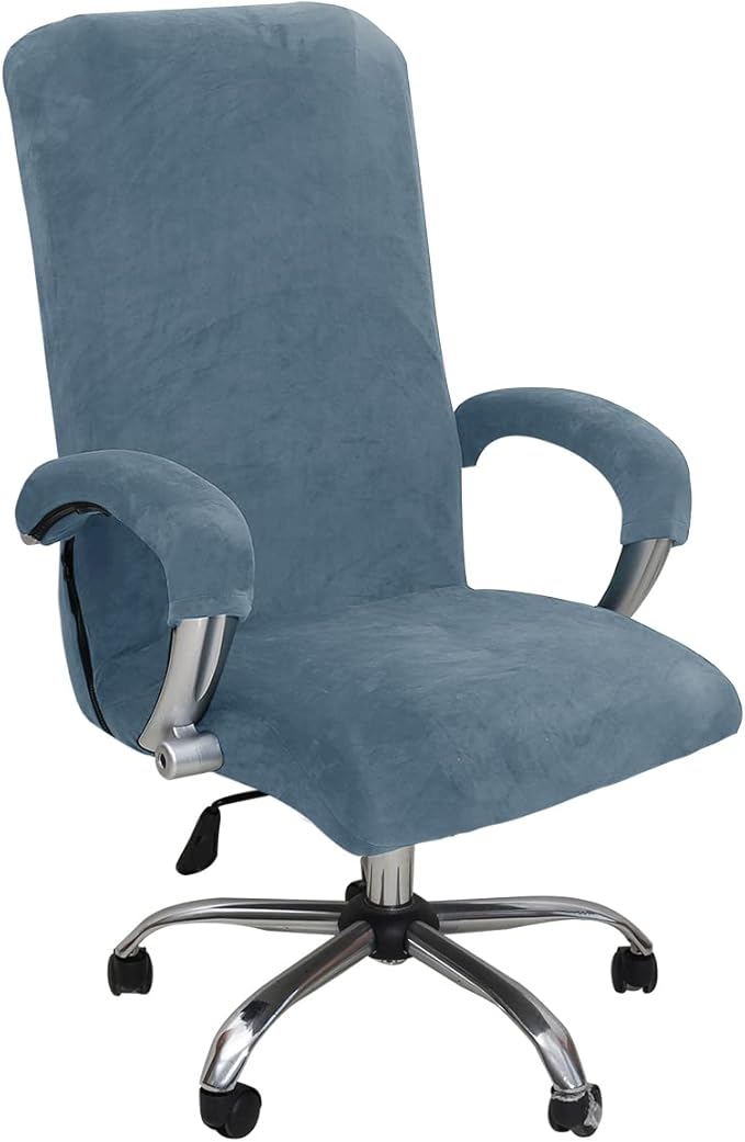 Velvet Plush Office Desk Chair Cover - Cat Proof Stretchable Elastic Comfy Protector for Ergonomic Office Chair with Wheels and Armrests, Fits Mesh and Executive Computer Chairs, Gray Blue, XL