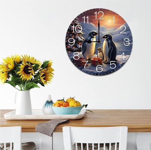 Christmas Tree and Penguins Wall Clock Large Silent Non-Ticking Battery Operated Modern Clocks for Living Room Decor/Bedroom/Office (10x10 in)