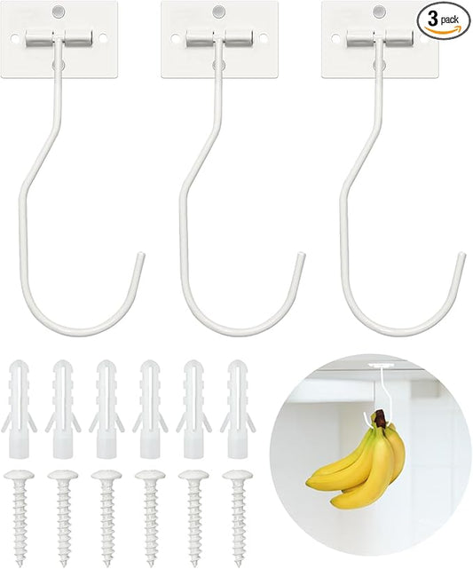 Banana Hanger Hook – Space Saving Banana Holder Hanger to Keep Bananas Fresh, Self Adhesive and Screw Banana Hook 3Pack White