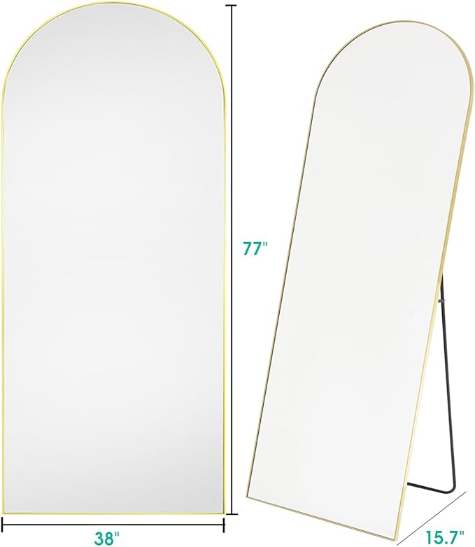 Full Length Mirror, Arched Floor Mirror, 38" x 77" Oversized Full Length Mirror, Freestanding, Full Body Mirror, Arch Mirror Full Length, Wall Mounted Mirror for Bedroom, Gold
