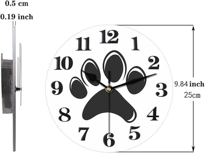 Cat Dog Paw Print Wall Clock Battery Operated 10 in Round Wall Clocks Slilent Non Ticking Quartz Analog Clock for Bedroom Kids Living Room Classroom Decor