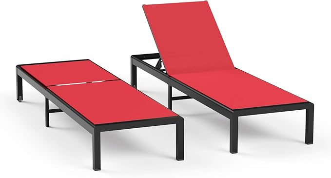 Aluminum Lounge Chairs Outdoor Chaise Furniture,2 Sets Patio Metal Deck Lounger Adjustable 5-Position Poolside Chase Recliner with Wheels for Beach,Coffee Table, (Red, 2 Chair)