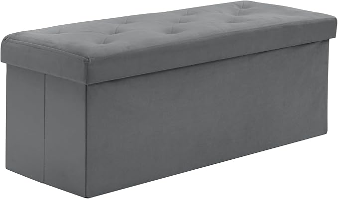 BRIAN & DANY 43 Inches Folding Storage Ottoman Bench, Velvet Ottoman with Storage for Living Room, Long Shoes Bench,Flannelette Footrest Benches Seat (Grey)