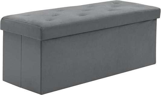 BRIAN & DANY 43 Inches Folding Storage Ottoman Bench, Velvet Ottoman with Storage for Living Room, Long Shoes Bench,Flannelette Footrest Benches Seat (Grey)