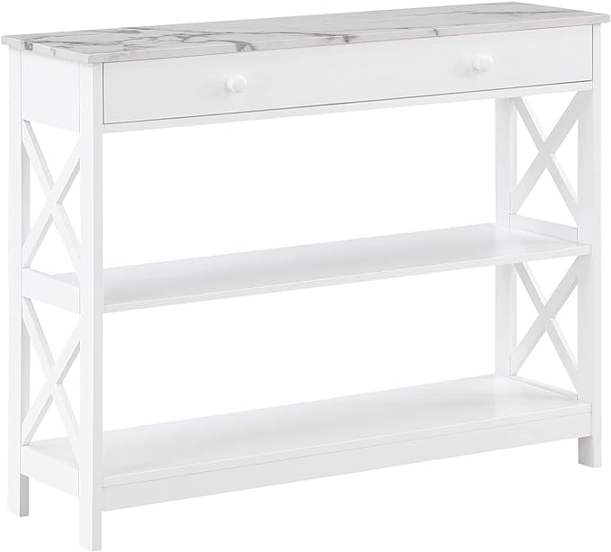 Convenience Concepts Oxford 1 Drawer Console Table with Shelves, White Faux Marble/White