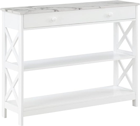 Convenience Concepts Oxford 1 Drawer Console Table with Shelves, White Faux Marble/White