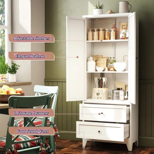 72'' Storage Cabinet, 2 Adjustable Shelves Kitchen Pantry with 2 Drawers, Tall White Metal Storage Cabinet with External Hooks, Modern Freestanding Heavy-Duty Pantry for Kitchen