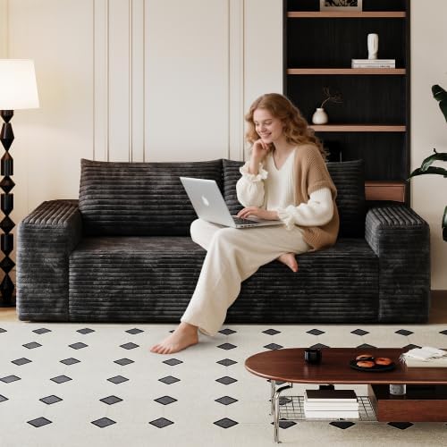 Cloud Loveseat Sofa, Modern Corduroy 2-Seater Couch with Deep Seat, No Assembly Required Memory Foam Sofa, Boneless Sofa in a Box for Bedroom, Apartment, Office,Small Space (Black,70.8in)
