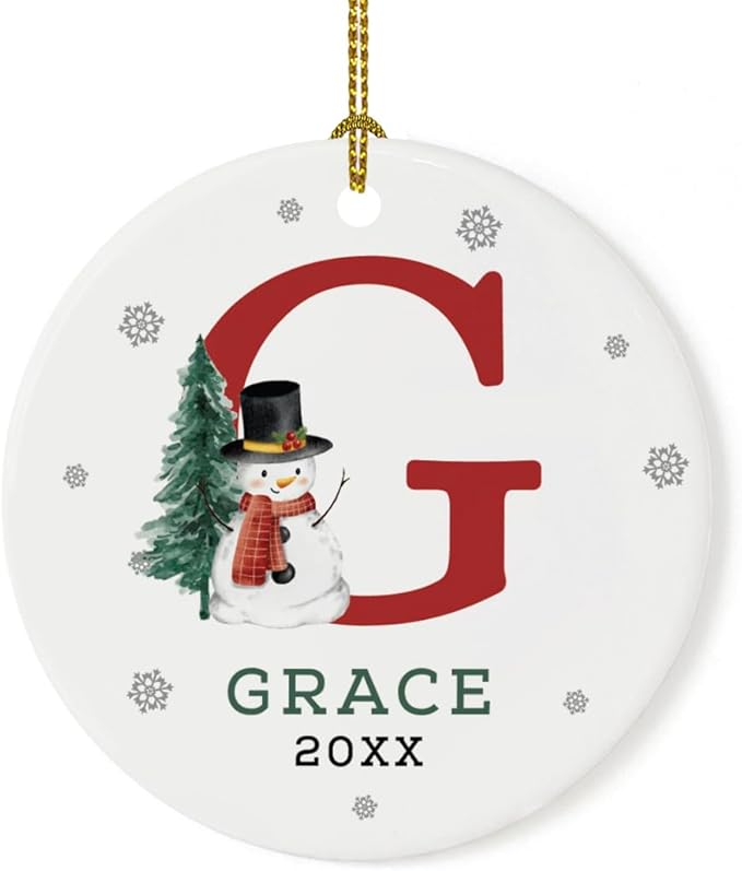 Andaz Press Personalized Ornament, Custom Name, Initial G Monogram Snowman 2.8" Ceramic Porcelain 2025 Christmas Ornament Keepsake for Kids, Boys, Girls, Initial Ornaments, 1-Pack
