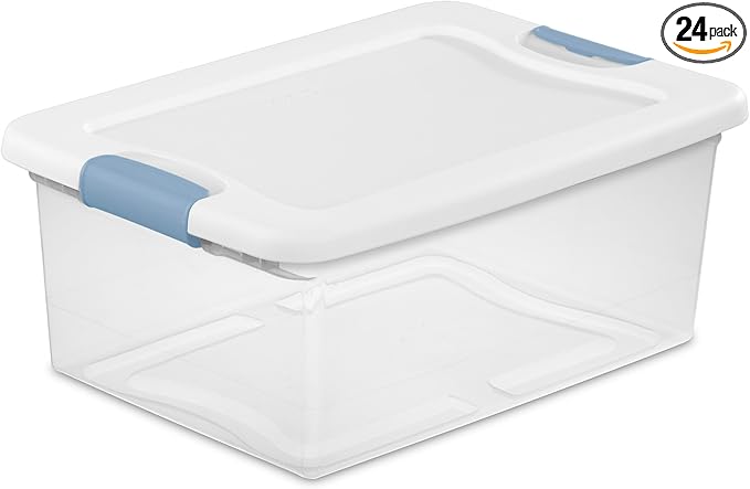 Sterilite 24-Pack Latching Box, Under Bed Storage Bins with Lids, Clear Plastic, 15 Quart - Heavy-Duty Organizing Containers for Closet, Bathroom, and Office