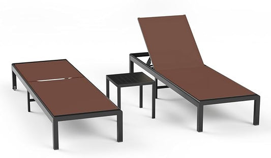 Aluminum Lounge Chairs Outdoor Chaise Furniture,2 Sets Patio Metal Deck Lounger Adjustable 5-Position Poolside Chase Recliner with Wheels for Beach,Coffee Table, (Brown, 2 Chair＋Table)