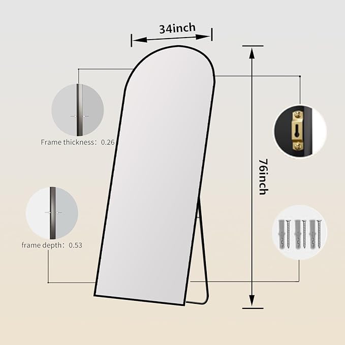 Arched Full Length Mirror,76" L x 34" W Floor Mirror, Aluminum Alloy Frame, Shatterproof Glass - Free Standing, Leaning or Wall Mounted for Bedroom, Living Room, Entryway, Modern Home (Gold)