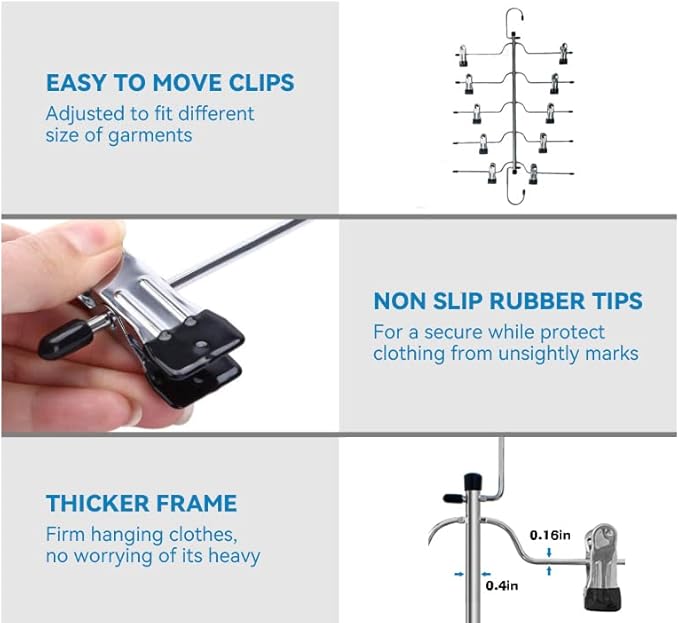 3 Pack Skirt Hangers Space Saving 5 Tier Metal Skirt Hanger with Clips, Durable Heavy Duty Trouser Pants Hangers Closet Organizer for Jeans, Slacks, Shorts