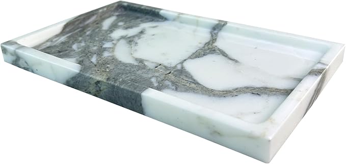 Natural White Marble Vanity Tray, 9.8"x5.9" Genuine Marble Stone Tray for Bathroom/Kitchen/Dresser (Arabescato)