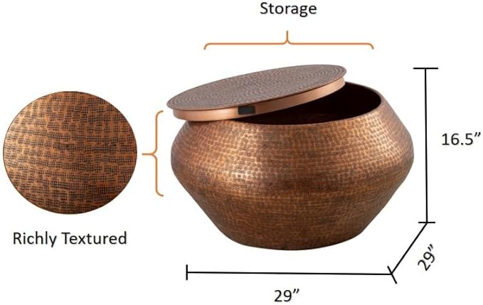 Albany Living Modern Cylindrical Aluminum Hammered Embossed Texturing, Metal Drum Coffee Table with Removable Lid for Storage,Fully Assembled, for The Living Room and Bedroom, Copper